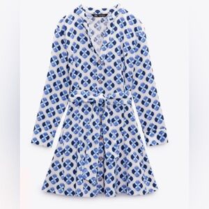 ZARA Linen Blend Printed Tie Waist Mini Dress
